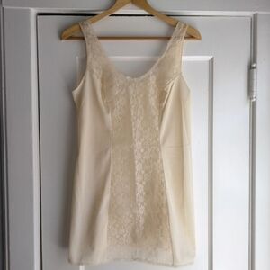 Vintage 60's Enka Perlon Full Slip Shorty Chemise Tan Sheer Lace Retro S/M
